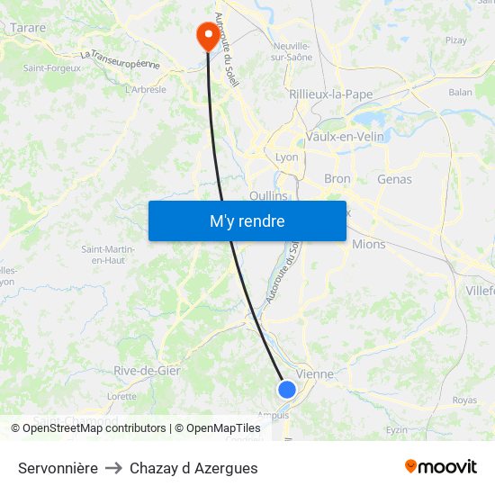 Servonnière to Chazay d Azergues map