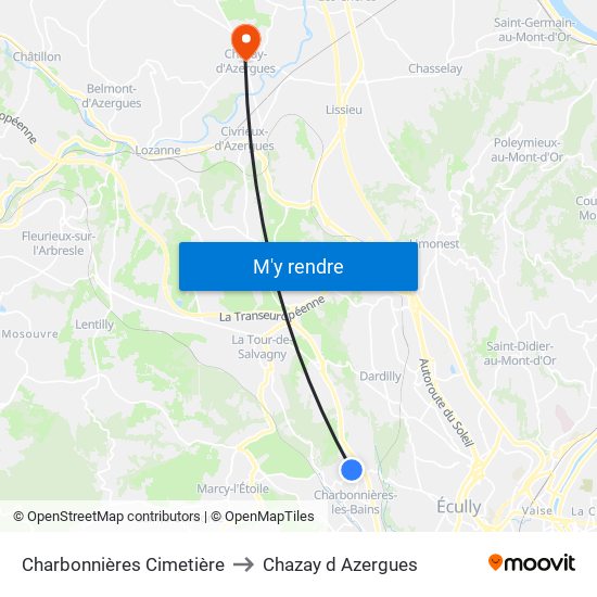 Charbonnières Cimetière to Chazay d Azergues map
