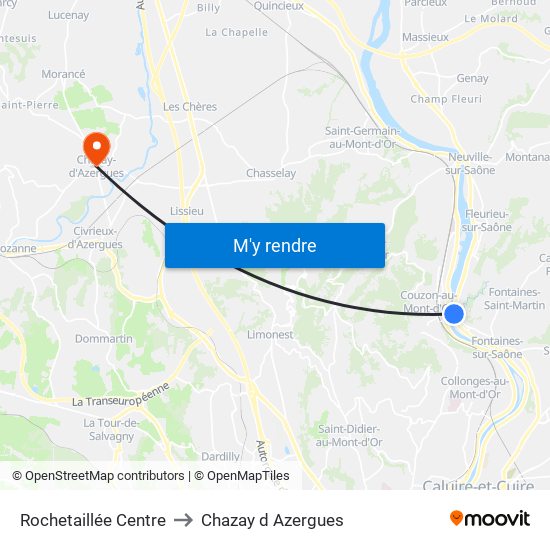 Rochetaillée Centre to Chazay d Azergues map
