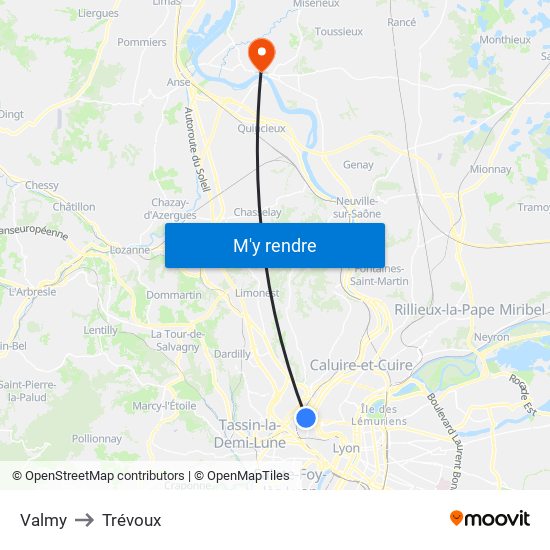 Valmy to Trévoux map