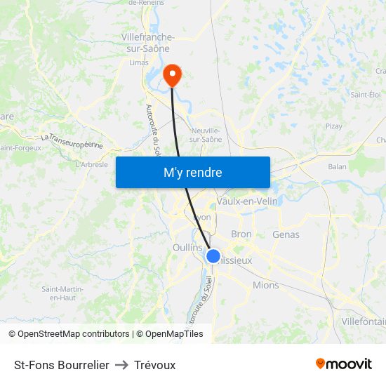 St-Fons Bourrelier to Trévoux map