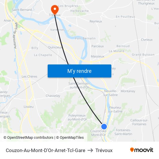 Couzon-Au-Mont-D'Or-Arret-Tcl-Gare to Trévoux map