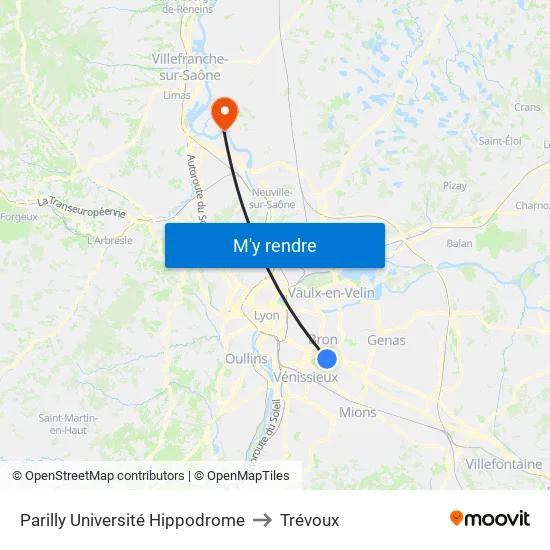 Parilly Université Hippodrome to Trévoux map