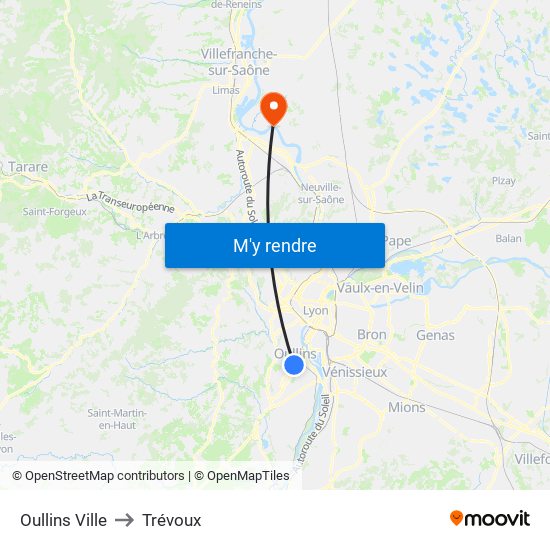 Oullins Ville to Trévoux map