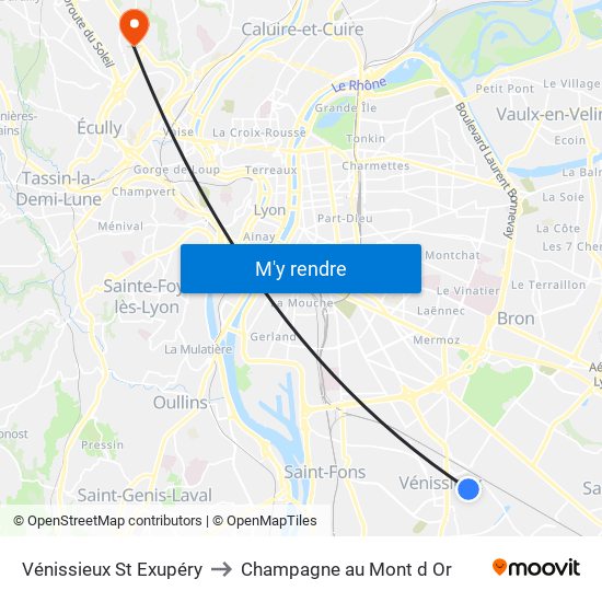 Vénissieux St Exupéry to Champagne au Mont d Or map