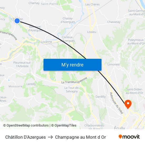 Châtillon D'Azergues to Champagne au Mont d Or map