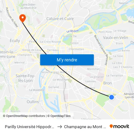 Parilly Université Hippodrome to Champagne au Mont d Or map