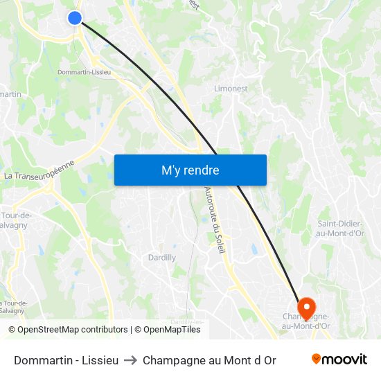 Dommartin - Lissieu to Champagne au Mont d Or map