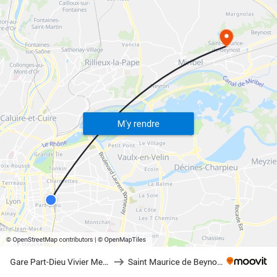 Gare Part-Dieu Vivier Merle to Saint Maurice de Beynost map