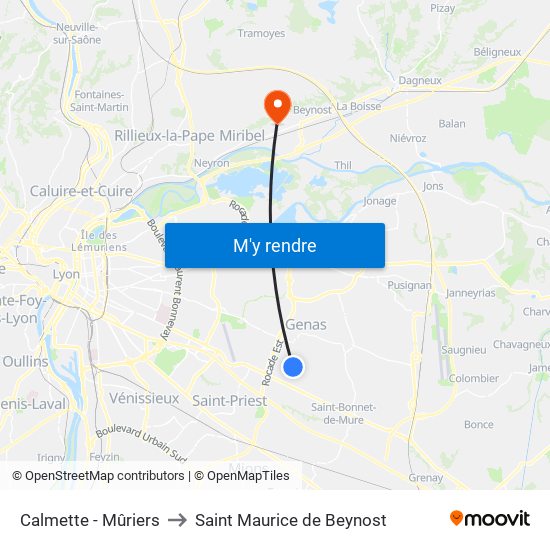 Calmette - Mûriers to Saint Maurice de Beynost map