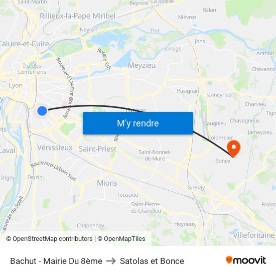 Bachut - Mairie Du 8ème to Satolas et Bonce map