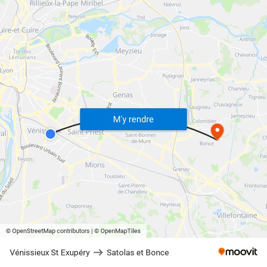 Vénissieux St Exupéry to Satolas et Bonce map