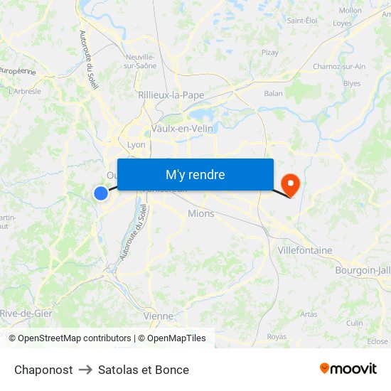 Chaponost to Satolas et Bonce map