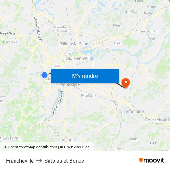 Francheville to Satolas et Bonce map