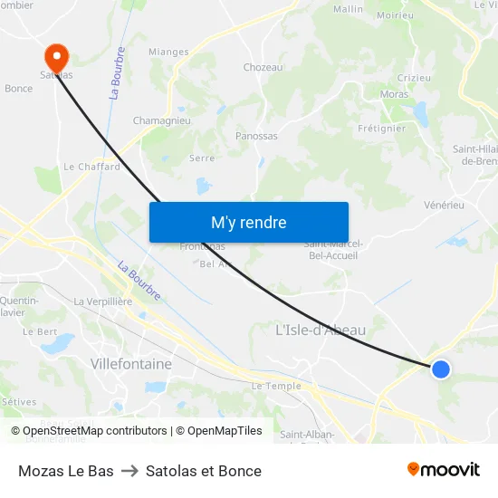 Mozas Le Bas to Satolas et Bonce map