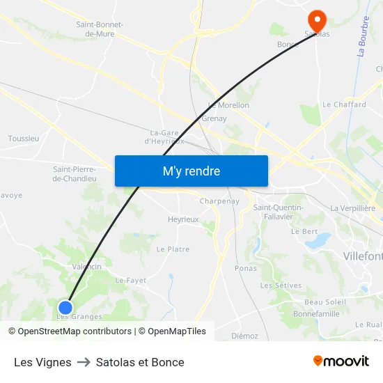 Les Vignes to Satolas et Bonce map