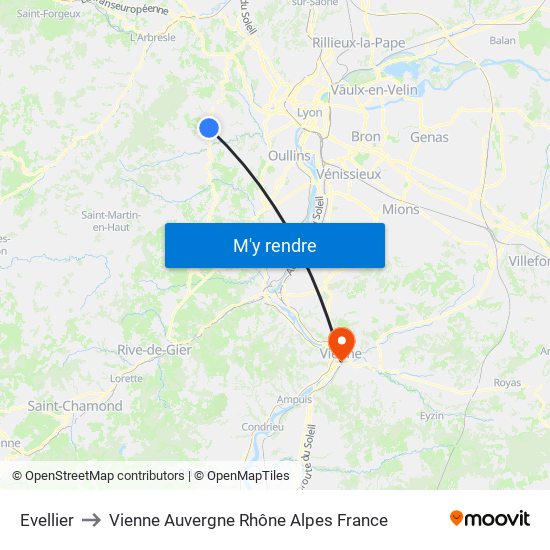 Evellier to Vienne Auvergne Rhône Alpes France map