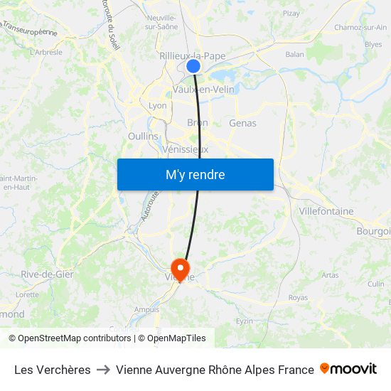 Les Verchères to Vienne Auvergne Rhône Alpes France map