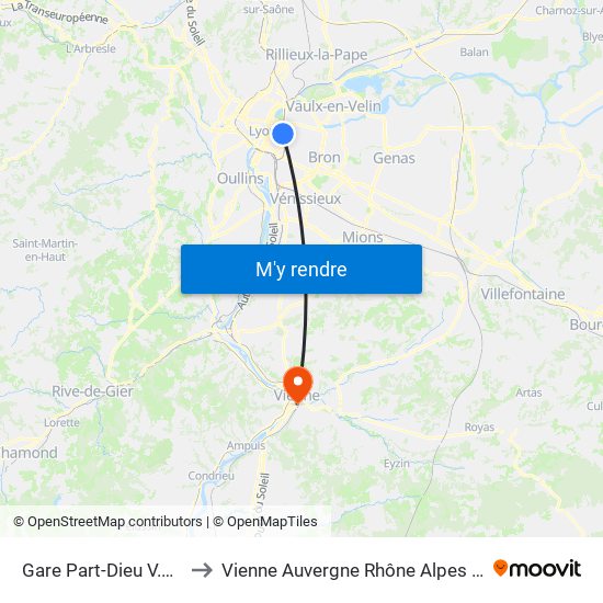 Gare Part-Dieu V.Merle to Vienne Auvergne Rhône Alpes France map