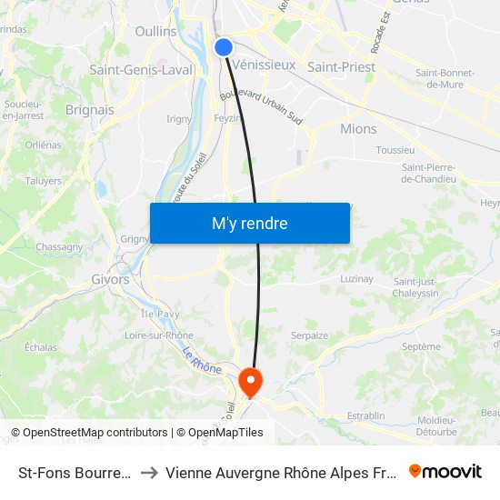 St-Fons Bourrelier to Vienne Auvergne Rhône Alpes France map