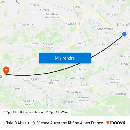 L'Isle-D'Abeau to Vienne Auvergne Rhône Alpes France map