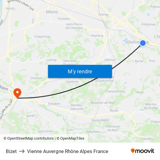 Bizet to Vienne Auvergne Rhône Alpes France map