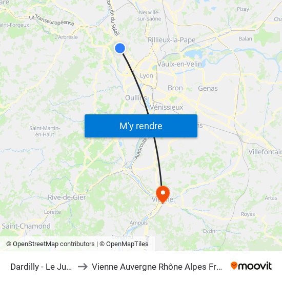 Dardilly - Le Jubin to Vienne Auvergne Rhône Alpes France map