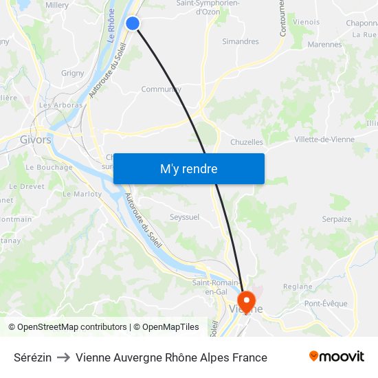 Sérézin to Vienne Auvergne Rhône Alpes France map