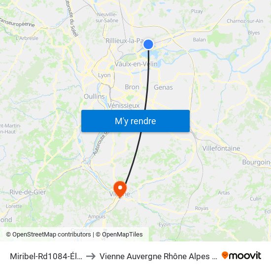 Miribel-Rd1084-Élysée to Vienne Auvergne Rhône Alpes France map