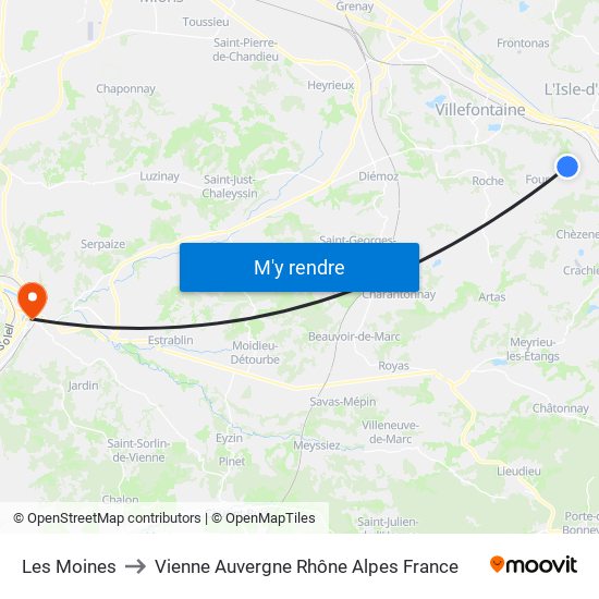 Les Moines to Vienne Auvergne Rhône Alpes France map