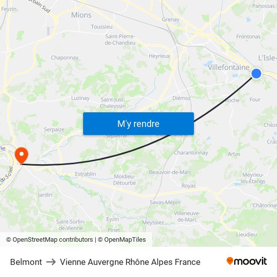 Belmont to Vienne Auvergne Rhône Alpes France map