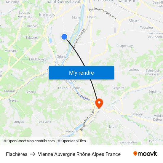 Flachères to Vienne Auvergne Rhône Alpes France map