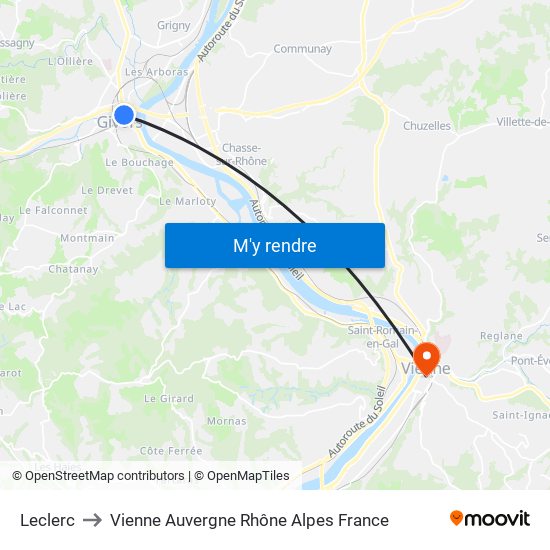 Leclerc to Vienne Auvergne Rhône Alpes France map