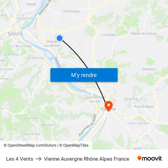 Les 4 Vents to Vienne Auvergne Rhône Alpes France map