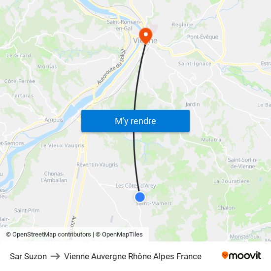 Sar Suzon to Vienne Auvergne Rhône Alpes France map