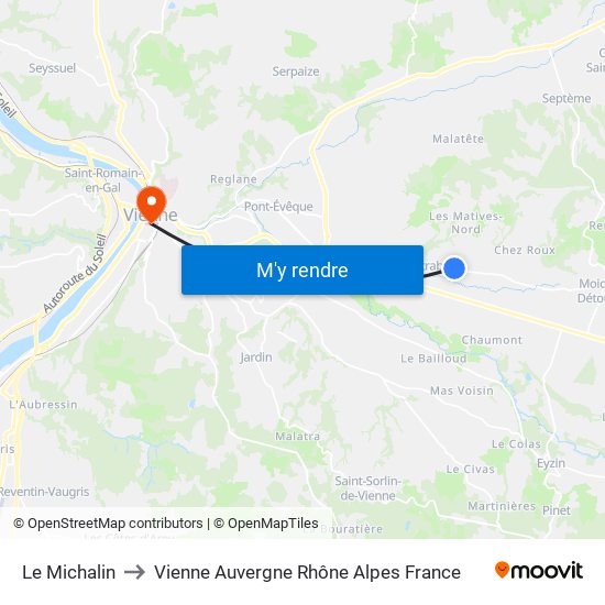 Le Michalin to Vienne Auvergne Rhône Alpes France map