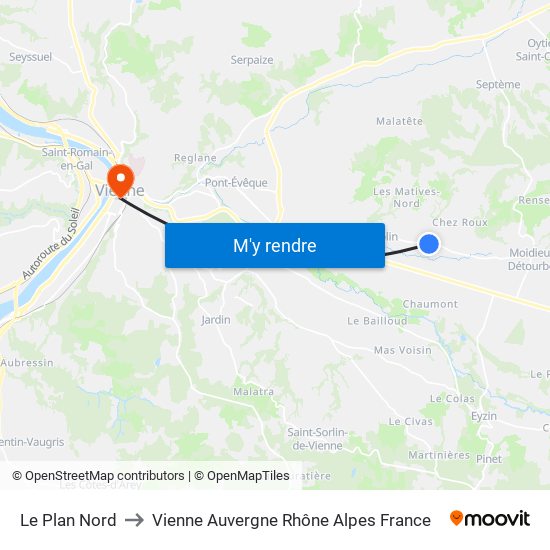 Le Plan Nord to Vienne Auvergne Rhône Alpes France map