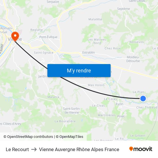 Le Recourt to Vienne Auvergne Rhône Alpes France map