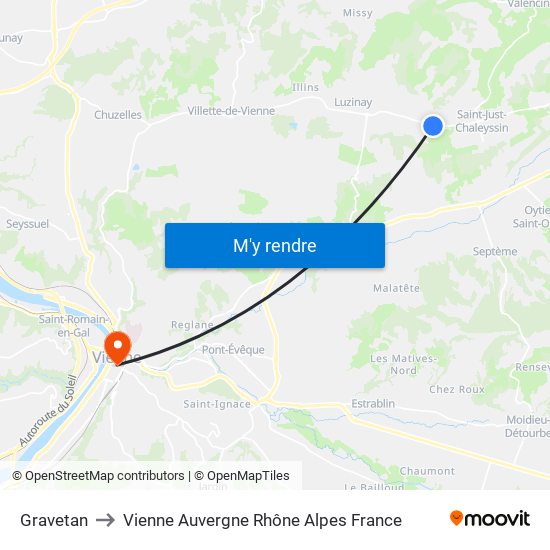 Gravetan to Vienne Auvergne Rhône Alpes France map