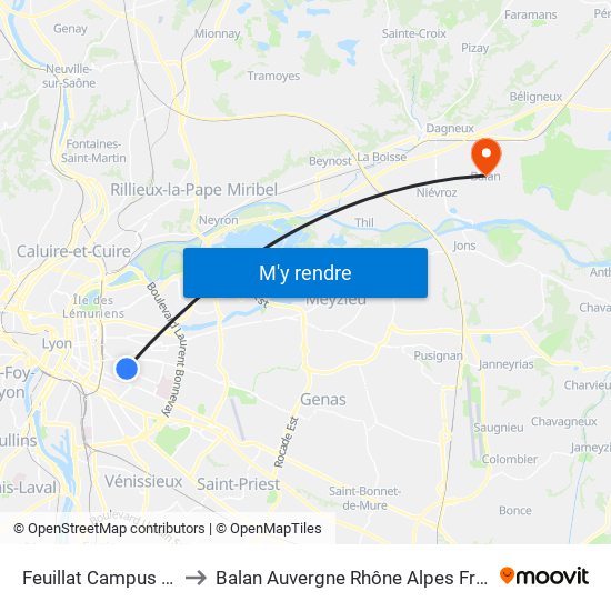 Feuillat Campus Pro to Balan Auvergne Rhône Alpes France map