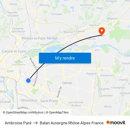 Ambroise Paré to Balan Auvergne Rhône Alpes France map