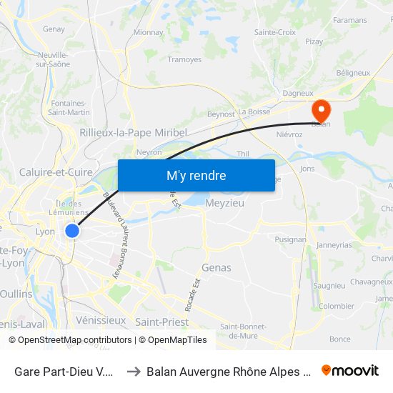 Gare Part-Dieu V.Merle to Balan Auvergne Rhône Alpes France map