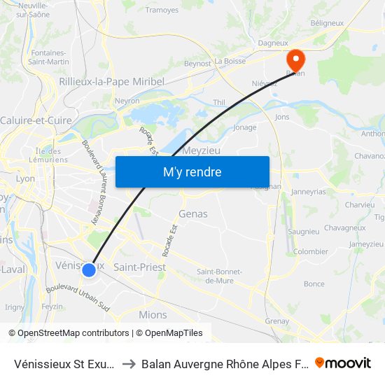 Vénissieux St Exupéry to Balan Auvergne Rhône Alpes France map