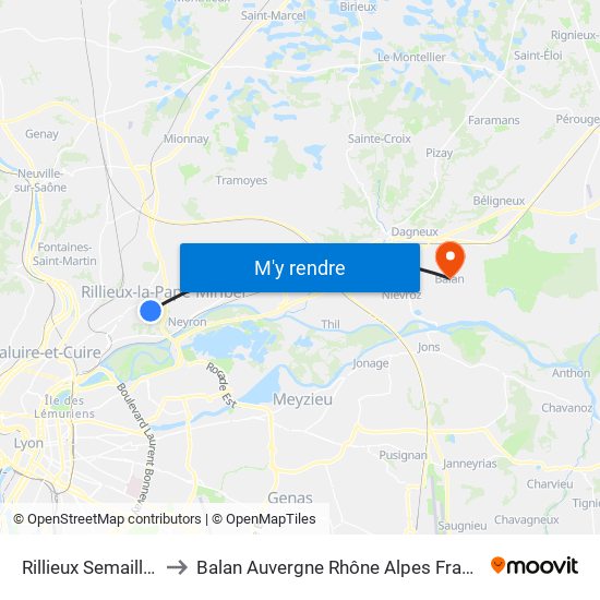 Rillieux Semailles to Balan Auvergne Rhône Alpes France map
