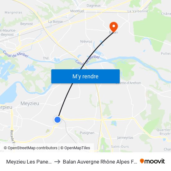 Meyzieu Les Panettes to Balan Auvergne Rhône Alpes France map