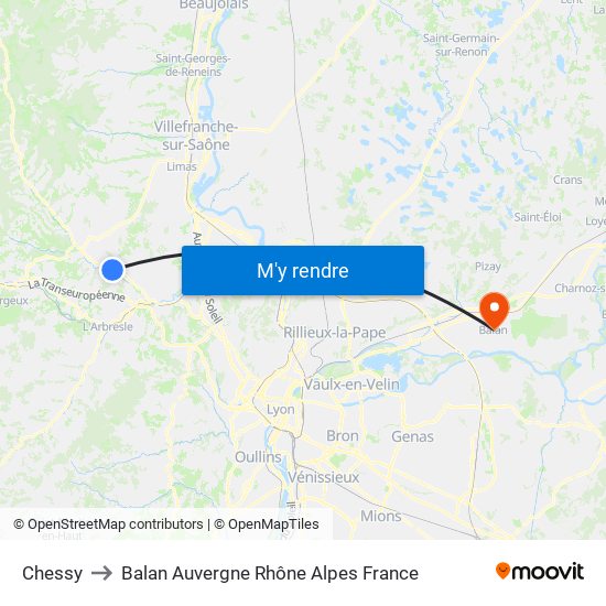 Chessy to Balan Auvergne Rhône Alpes France map