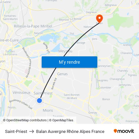 Saint-Priest to Balan Auvergne Rhône Alpes France map