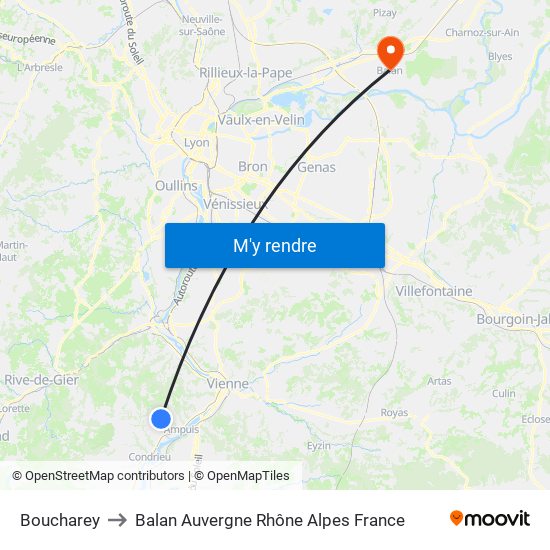 Boucharey to Balan Auvergne Rhône Alpes France map