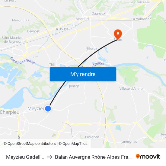 Meyzieu Gadelles to Balan Auvergne Rhône Alpes France map