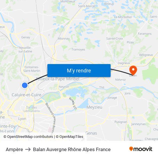 Ampère to Balan Auvergne Rhône Alpes France map